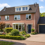 Typische Nederlandse jaren 90 woning met bakstenen gevel, dakkapel, garage en groene voortuin