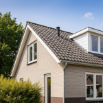 Zijaanzicht van een moderne eengezinswoning met een beige bakstenen gevel, donkere dakpannen en een grote witte dakkapel aan de linkerzijde.