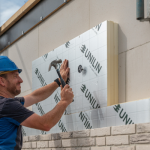 Man monteert tand en groef platen van Unilin op de muur