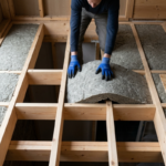 Meneer legt steenwol in een houten constructie voor de open verdiepingsvloer