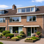 Jaren 70 tussenwoning met bakstenen gevel, dakkapel en voortuin in Nederlandse woonwijk.