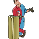 Jan De Isolatieman die leunt op een rol steenwol