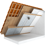 Schematische tekening van een opbouw van een schuindak met isolatiemateriaal